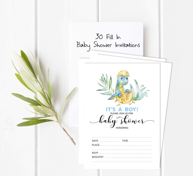 Inkdotpot 30 Fill in Style Baby Shower Invitation Cards Dinosaur Gender Reveal Blank Invites - Image 2